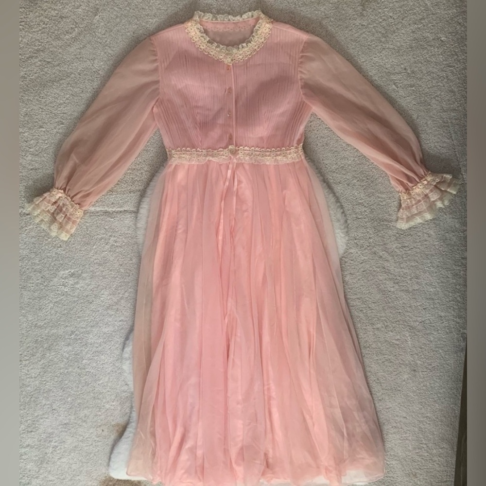 Vintage Linda Underlovelies Pink Tulle Chiffon & Lace Long Sleeve Maxi Dress